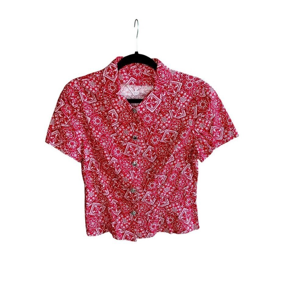 Handmade Red Bandana Print Rockabilly Top Silver Star Buttons